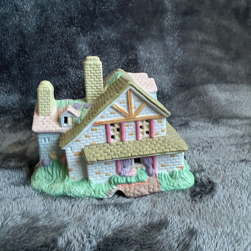Vintage Pastel Ceramic Cottage Tea Light Holder Fairy House Decor Pink Green